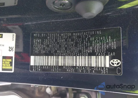 2025 Toyota Corolla Le из США, поврежденный, VIN 5YFB4MDE5SP240308